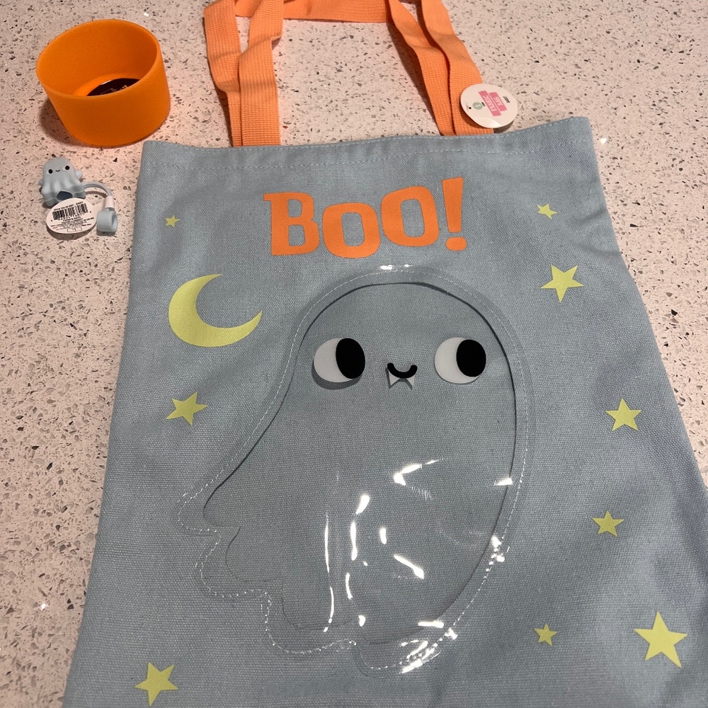 Target dollar spot Halloween tote bag Boo , Ghost , boot , and straw topper